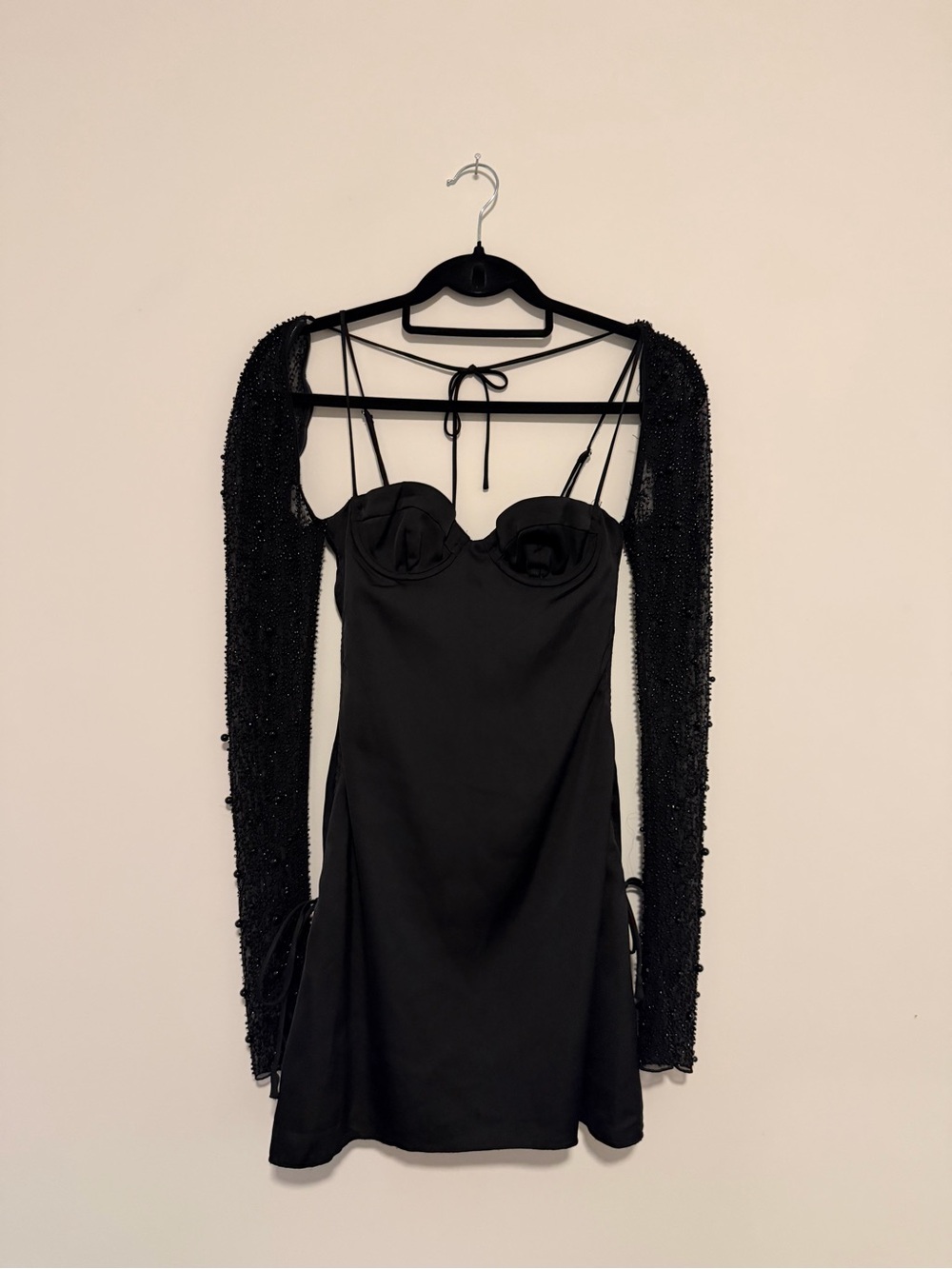 Oh Polly Black Lace-Up Mini Dress with Beaded Sleeves
